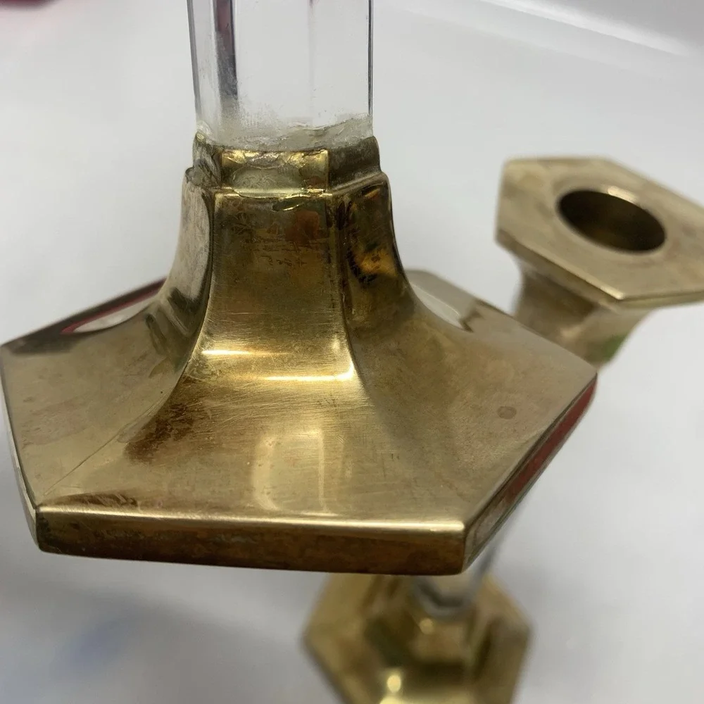 Vintage Party Lite Brass Lucite Candlestick Holders Pair 7" Romantic READ - Picture 12 of 16